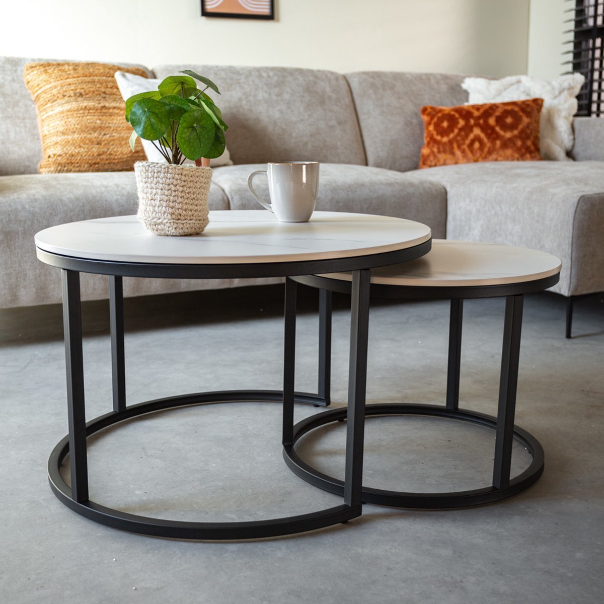 Coffee tables - Coffee table set of 2 Trevor marble white round - Dimehouse