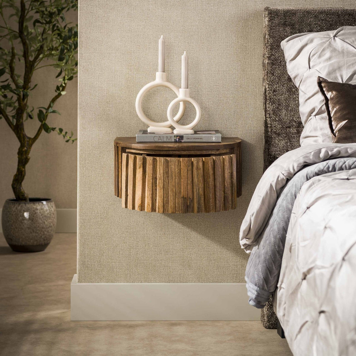 Bedside tables-Bedside table Ridge floating Sand 1 drawer 40 x 35 x 17 cm-Dimehouse