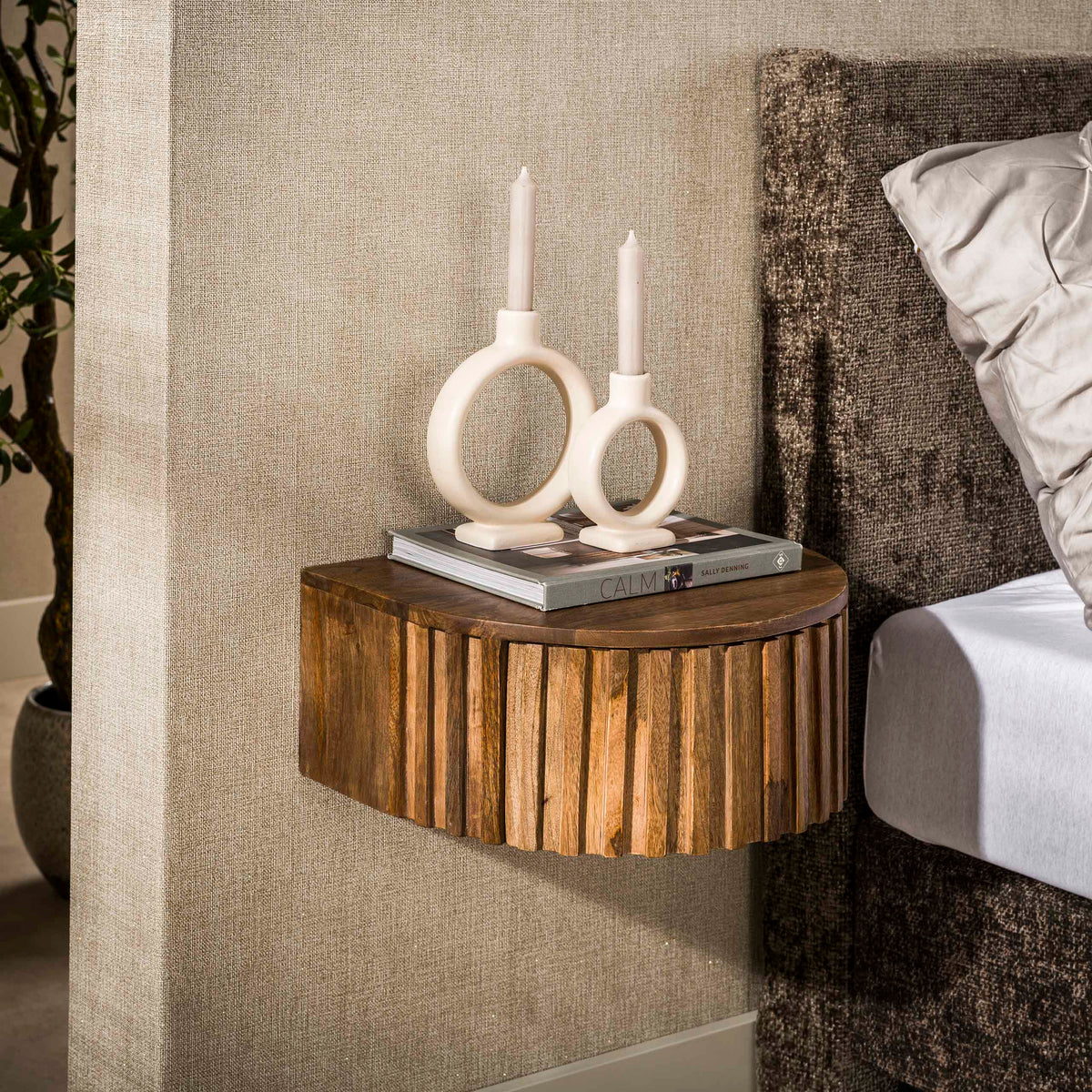Bedside tables-Bedside table Ridge floating Sand 1 drawer 40 x 35 x 17 cm-Dimehouse