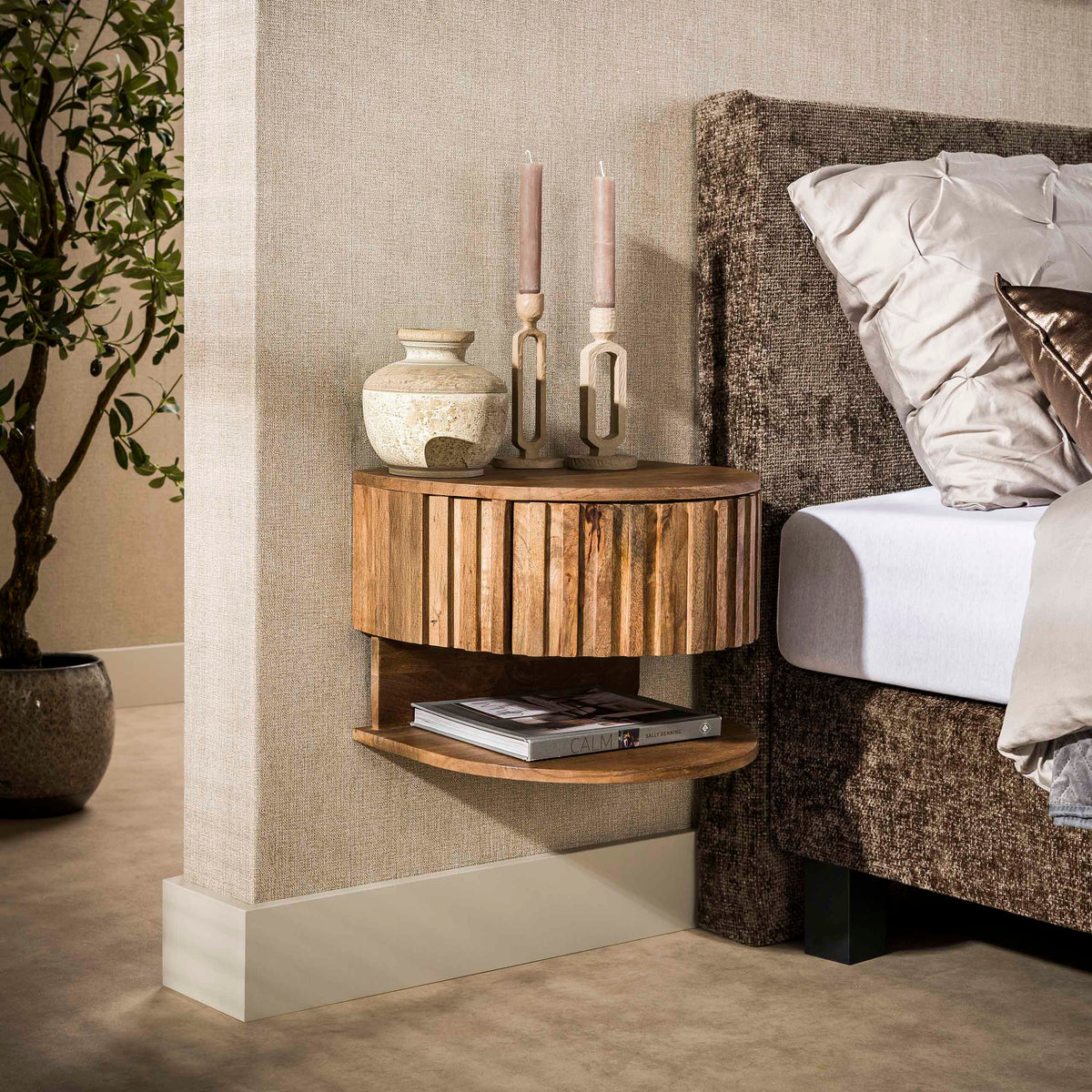 Bedside tables-Bedside table Ridge floating with open sand box Mango wood 40x35x30 cm -Dimehouse