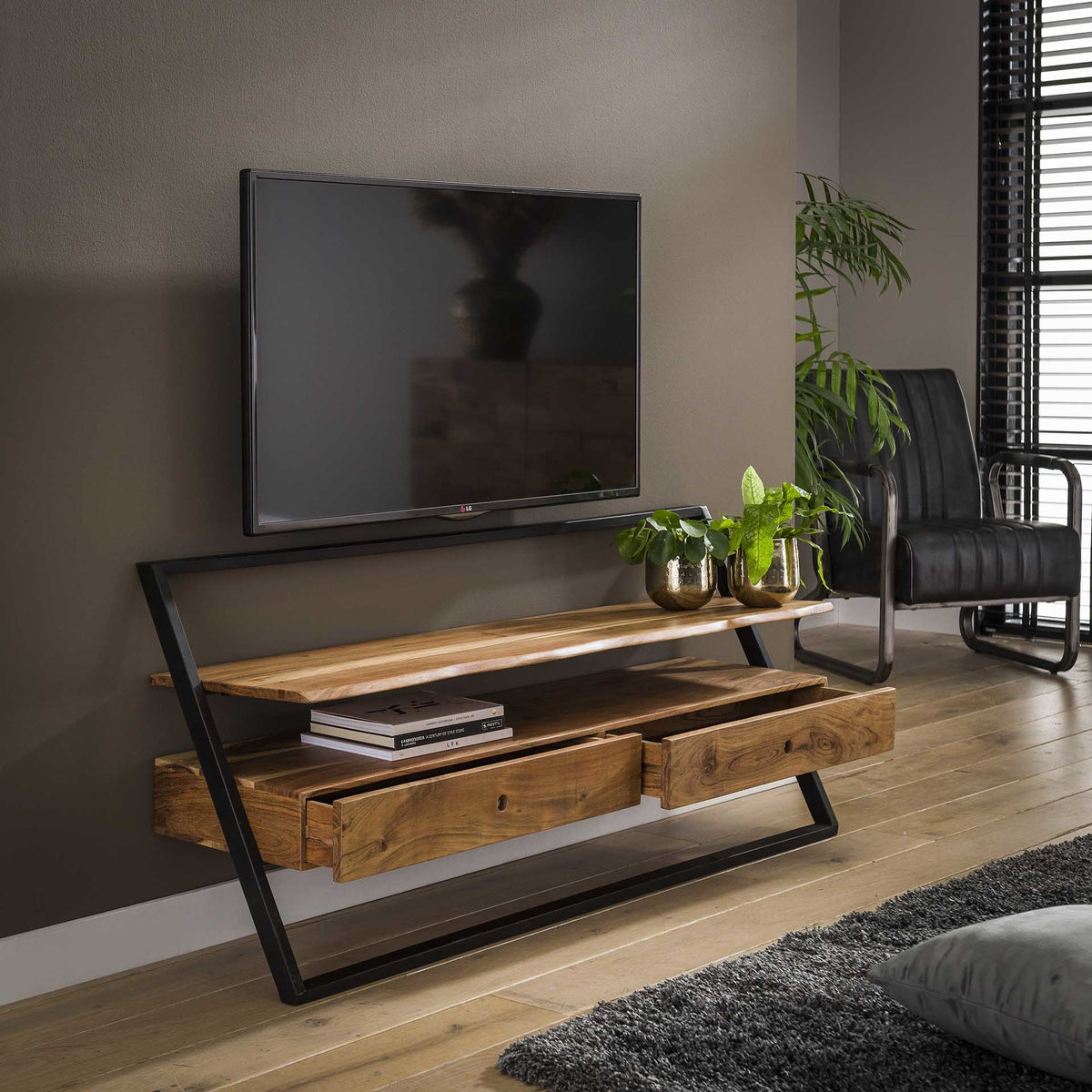TV Furniture Camila DH Interior Acacia LxWxH 147x74x22 Acacia wood Atmospheric photo diagonal front view