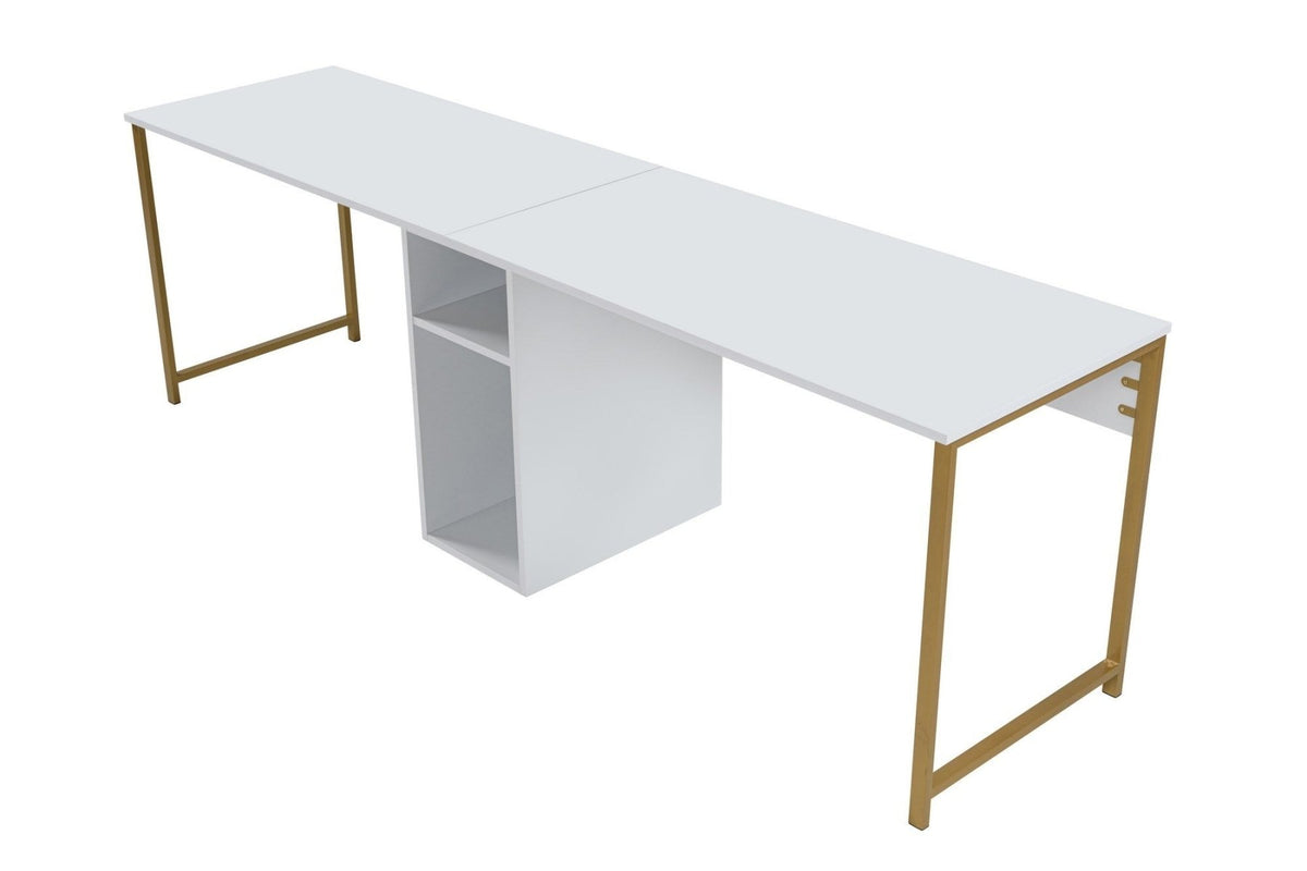 Desks - Study desk Melamine 240x60 cm Twin Study Desk white and gold White Gold - Dimehouse