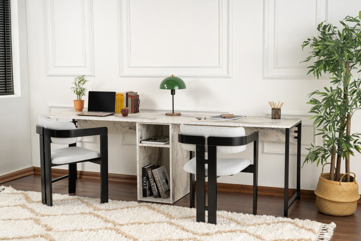 Desks - Twin Study Desk Study Desk Freesia Marble Black 240x60 cm Melamine - Dimehouse