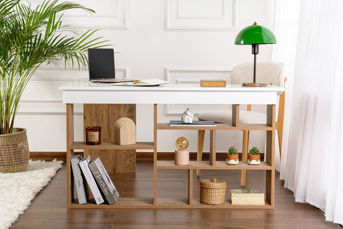 Desks - Vesper Study desk 130x120 cm white pine wood White Atlantic Pine Melamine - Dimehouse
