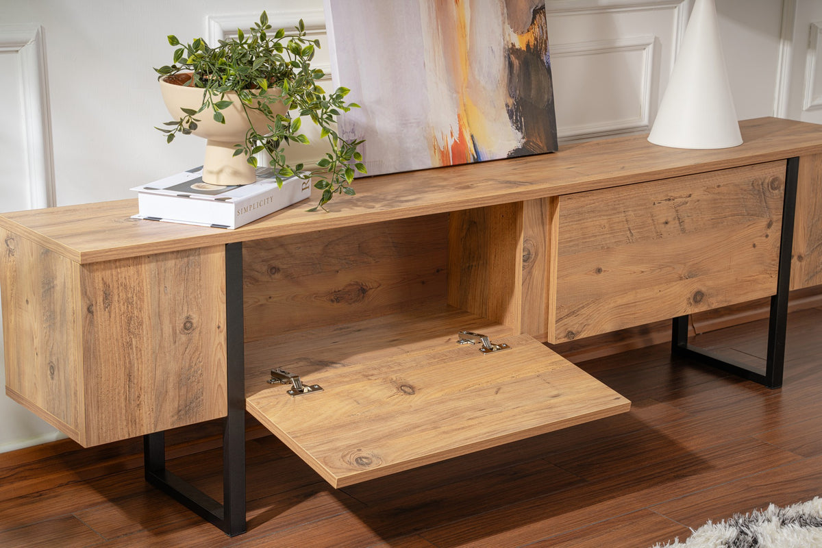 TV Furniture - TV Furniture Natural Melamine Black Frame 180x50x29.5 cm - Blitz - Dimehouse