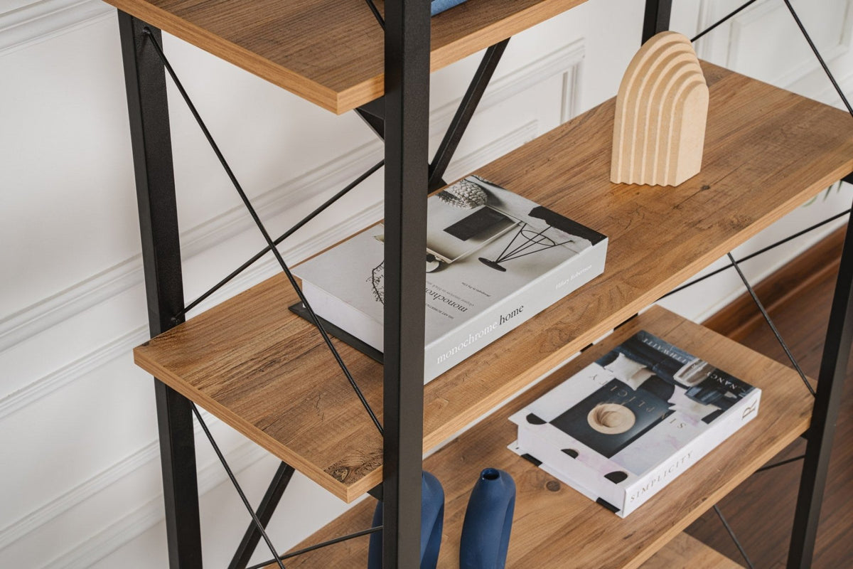 Bookcases - Industrial bookcase pine wood melamine Ely - black frame - 180x90 cm - Dimehouse