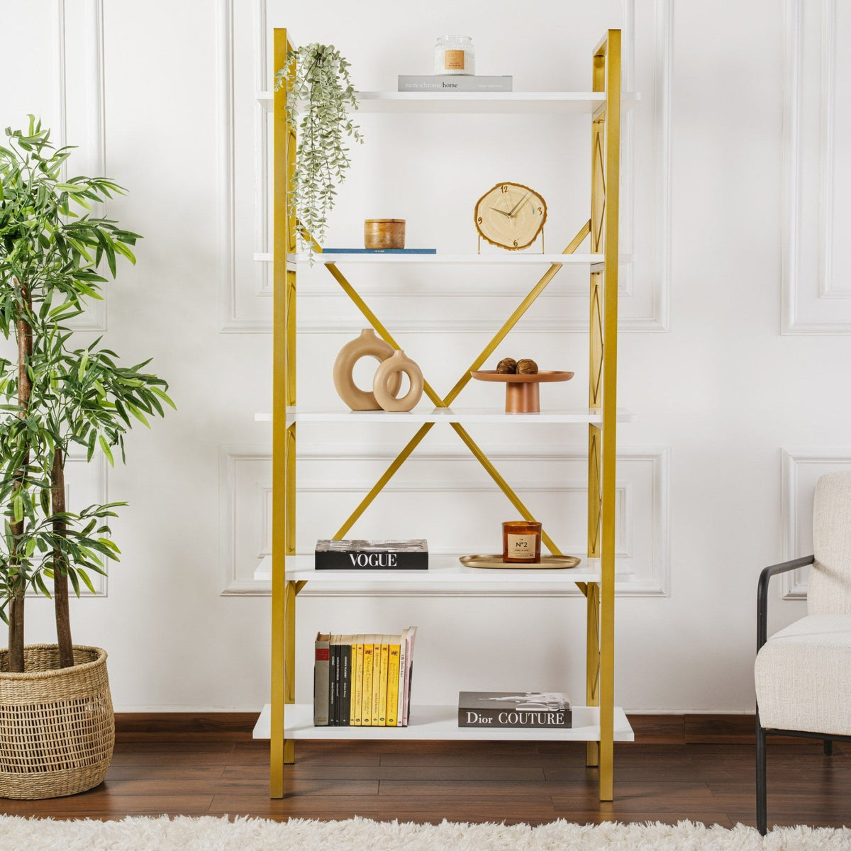 Bookcases - Modern bookcase white melamine Ely - Golden Frame - 180x90 cm - Dimehouse