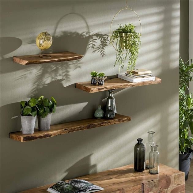 Wall shelf Durris DH Interior Acacia LxWxH 93x22x7 Acacia wood Atmospheric photo diagonal front view