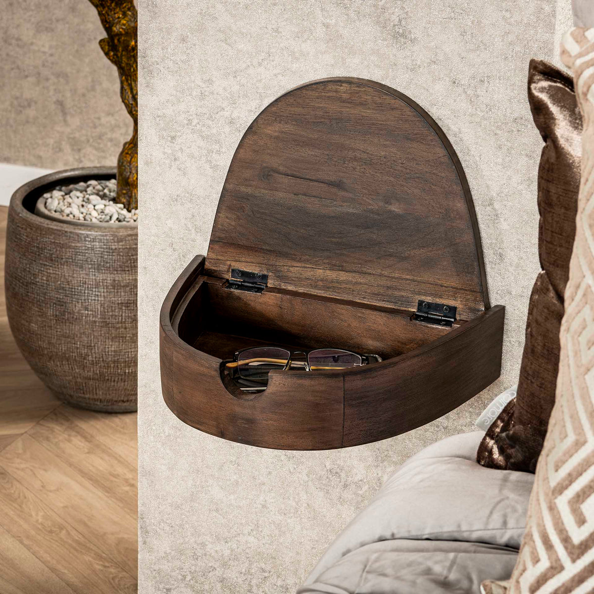Bedside Tables - Floating Semicircular Bedside Tables Set 2 Acacia - Dimehouse