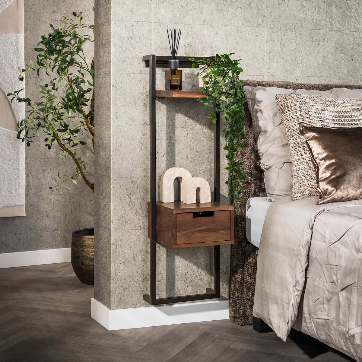 Bedside Tables - Narrow Bedside Table Industrial Naomi Acacia Wood 1 Drawer Drift Brown - Dimehouse