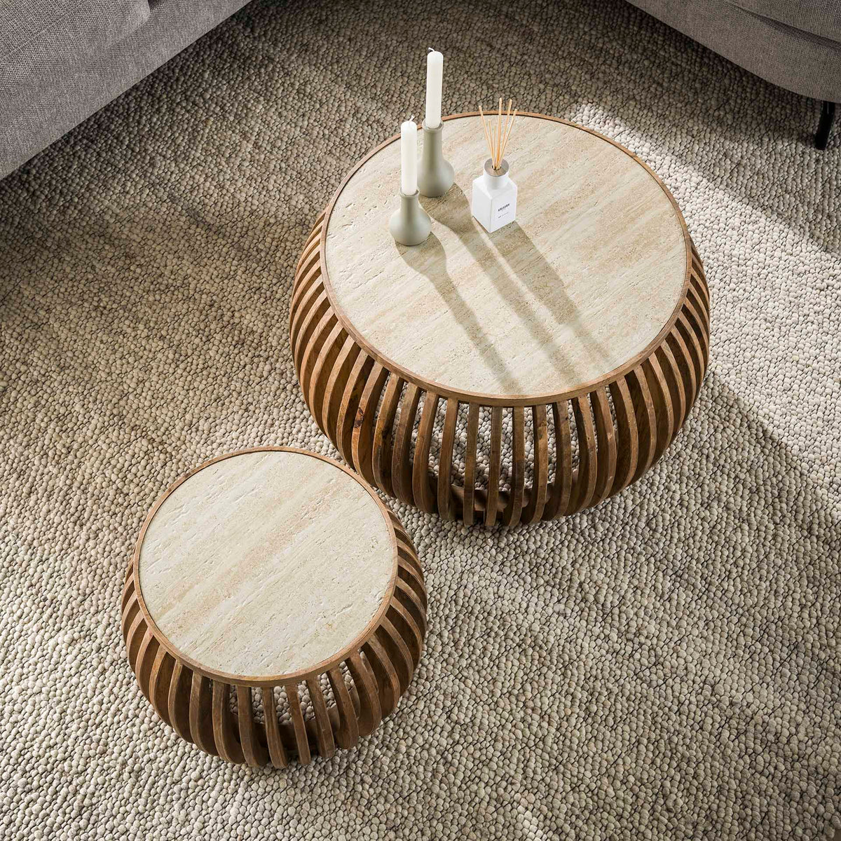 Coffee tables - Vento Curve Coffee table Ø75 solid mango sand set of 2 - Dimehouse