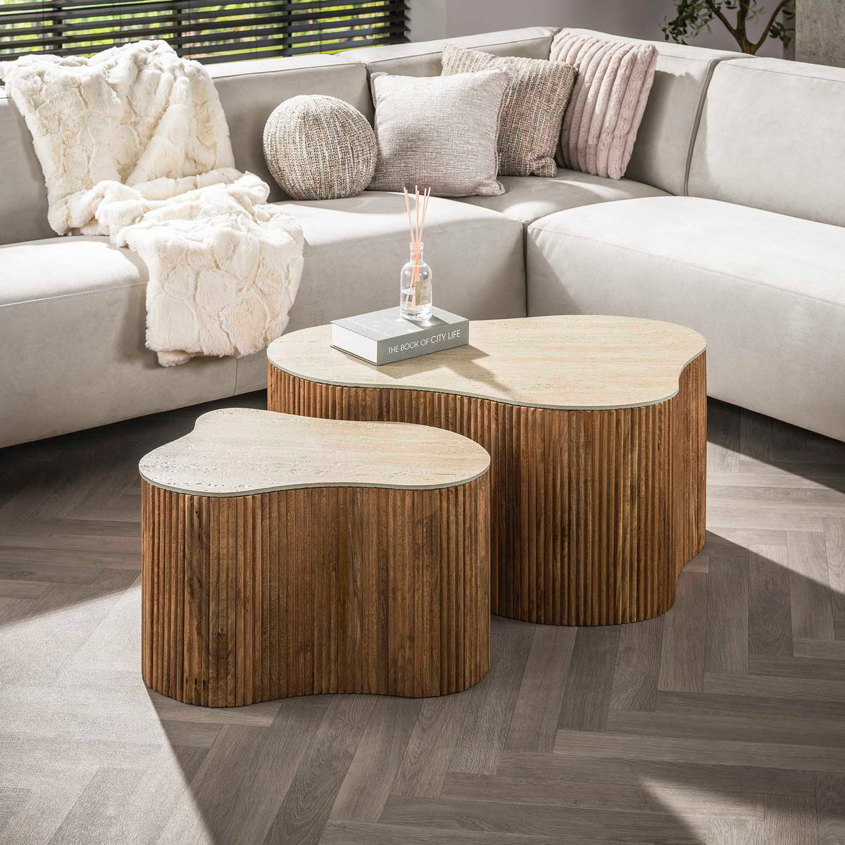 Coffee tables - Vento Set of 2 organic coffee tables in sand color Mango wood ceramic travertine - Dimehouse