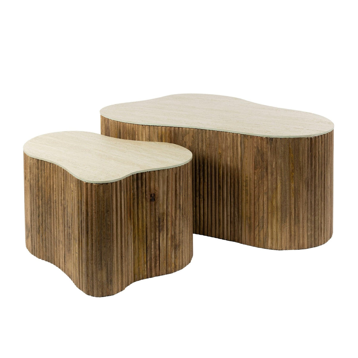 Coffee tables - Vento Set of 2 organic coffee tables in sand color Mango wood ceramic travertine - Dimehouse