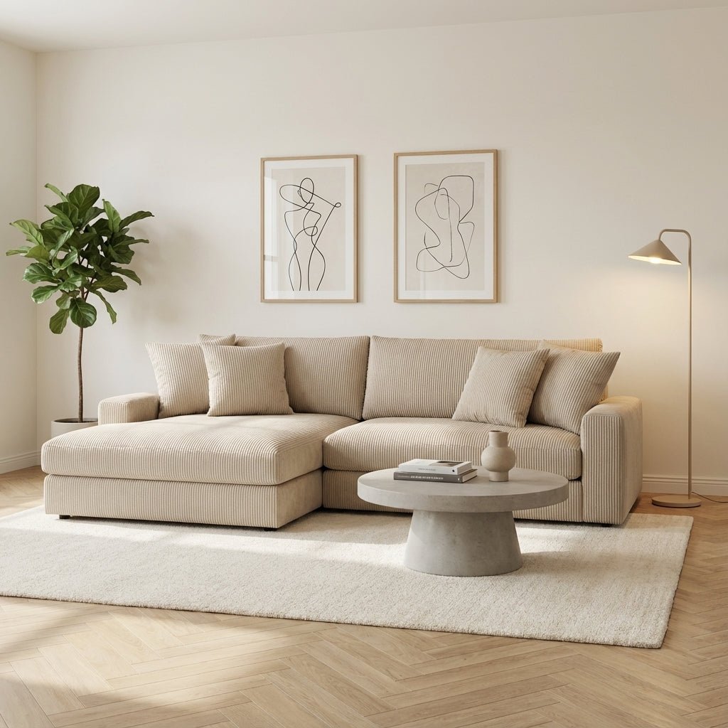 3-seater lounge sofa Kaia ribbed fabric in beige mood photo in a modern interior