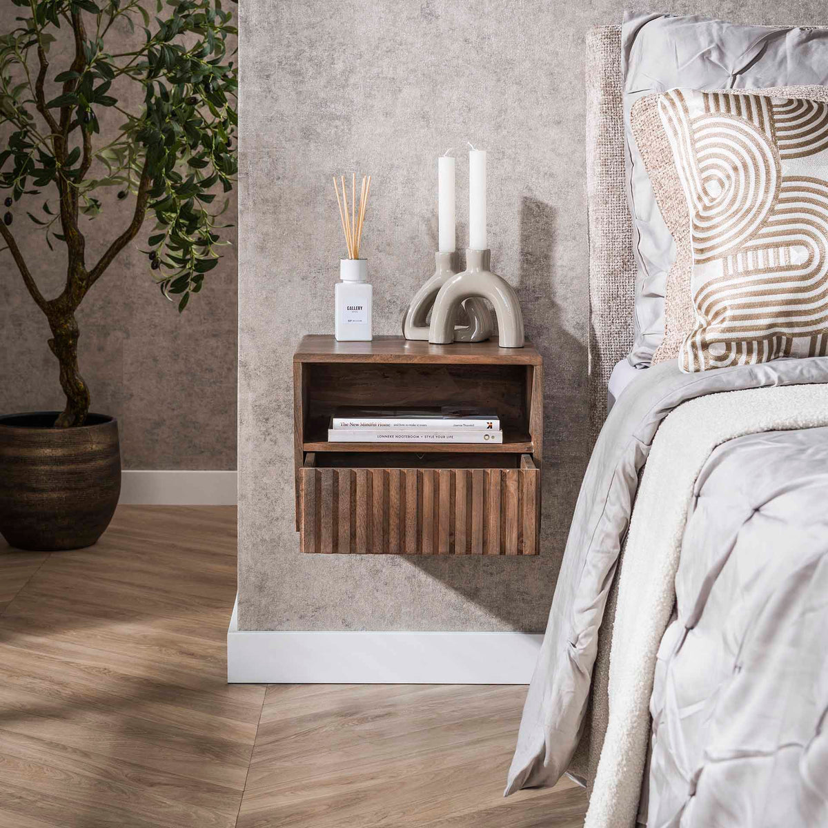 Bedside Tables - Floating Bedside Table Dex Acacia Wood Drift Brown 1 Drawer Open Compartment - Dimehouse