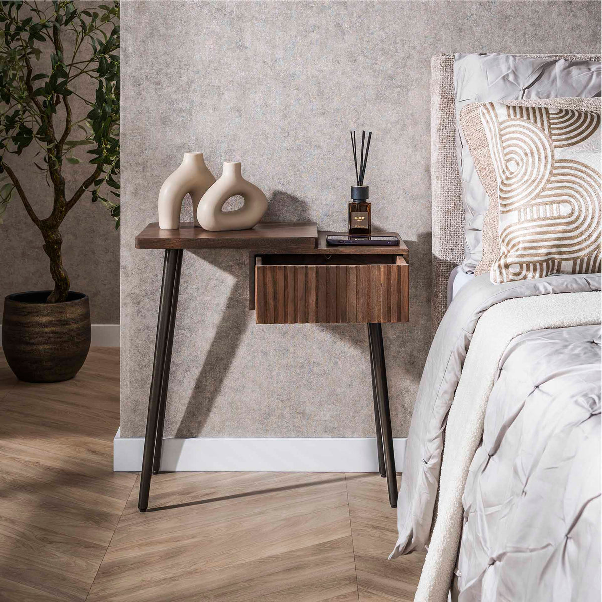 Bedside tables - Oslo Bedside Table Left Acacia Wood Drift Brown 1 Drawer - Dimehouse