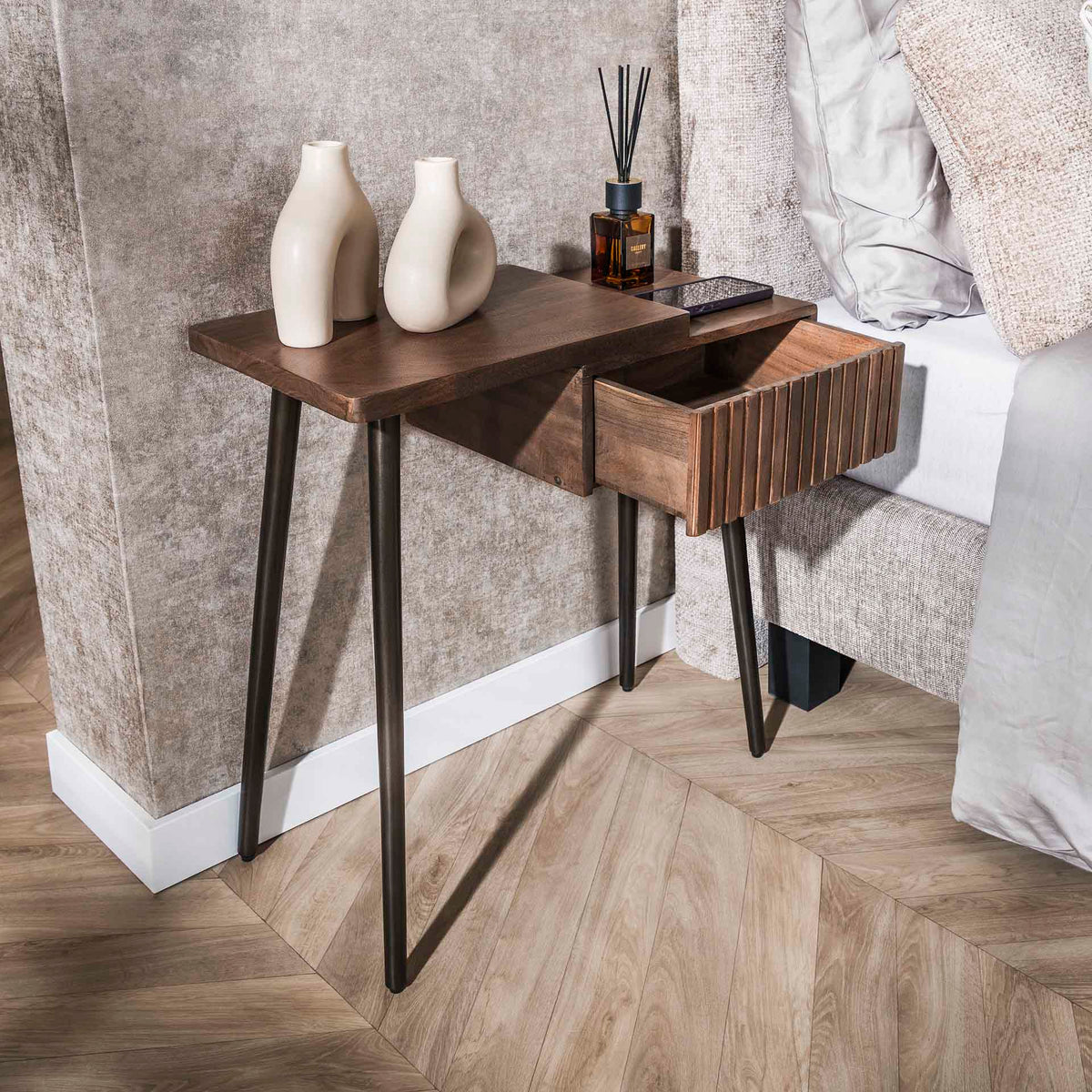 Bedside tables - Oslo Bedside Table Left Acacia Wood Drift Brown 1 Drawer - Dimehouse