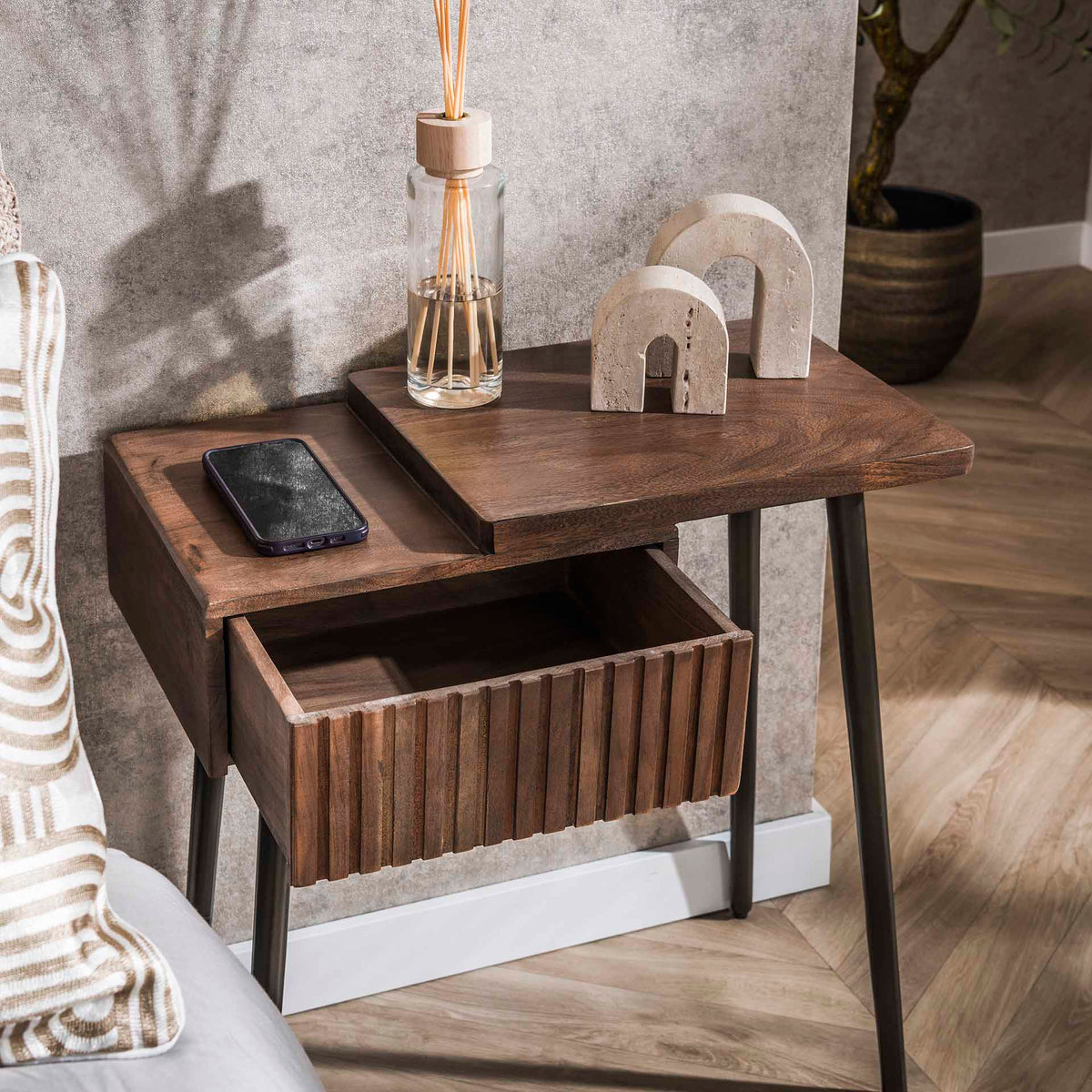 Bedside tables - Oslo Bedside Table Right Acacia Wood Drift Brown 1 Drawer - Dimehouse