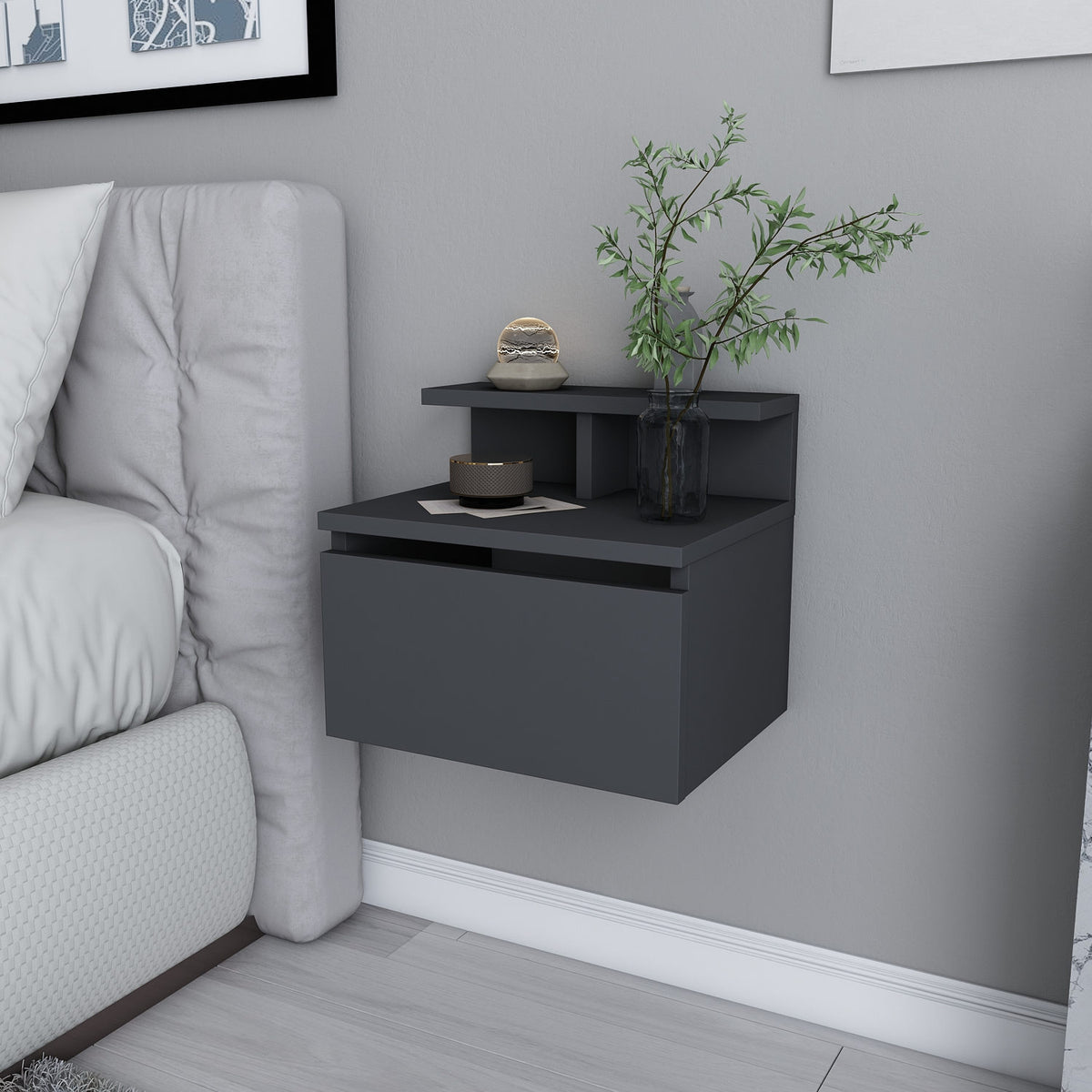 Bedside tables - Bedside table Alice Anthracite Melamine 39.8x35x35 cm - Dimehouse