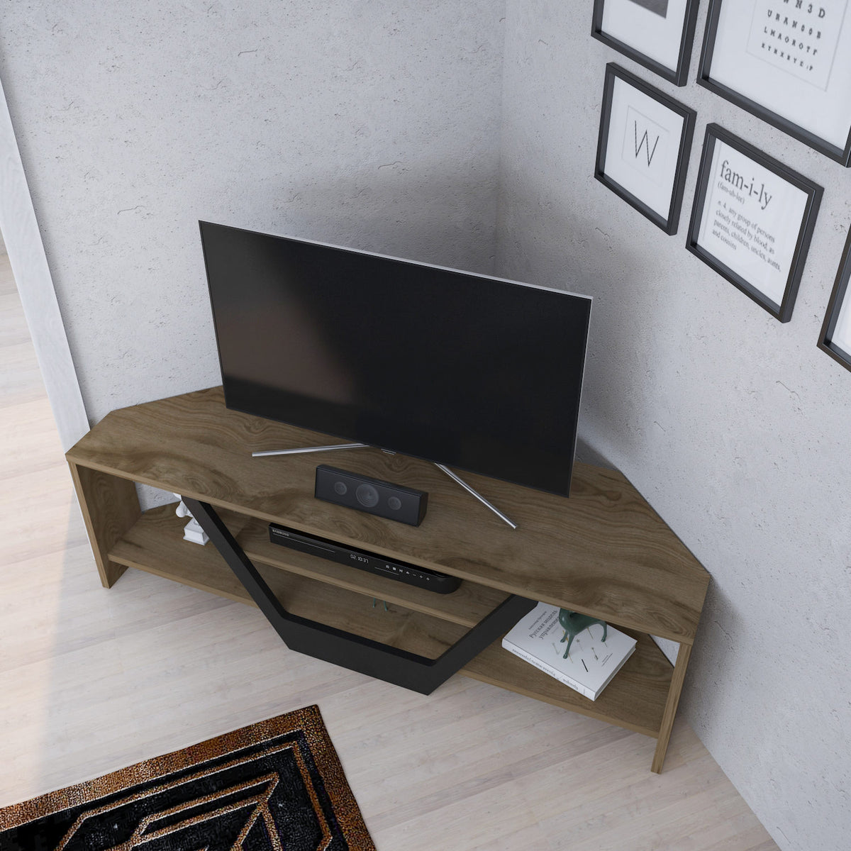 Sares TV cabinet oak look black 120 cm Old oak look, black Melamine coated wood composite