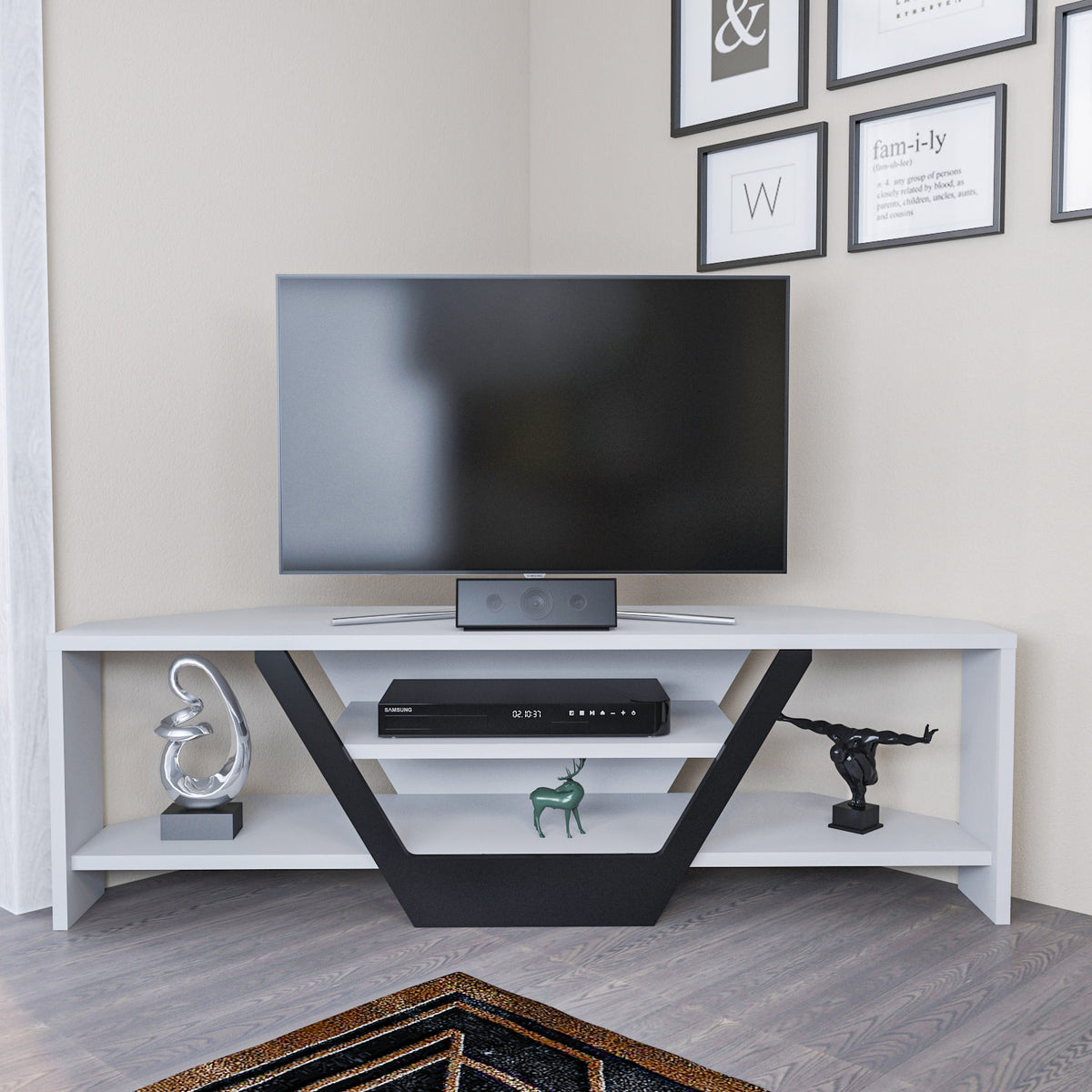 Sares TV cabinet white-black 120 cm White, Black Melamine coated wood composite