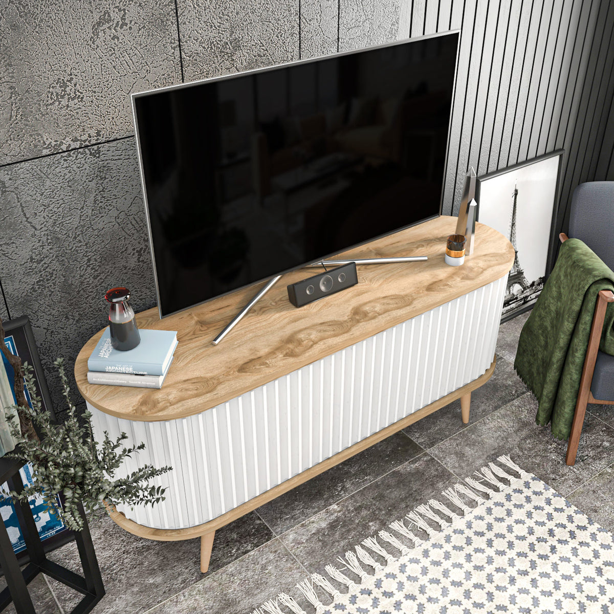 TV Furniture - TV Furniture Stor Oak White Melamine 140x64x43 cm - Dimehouse