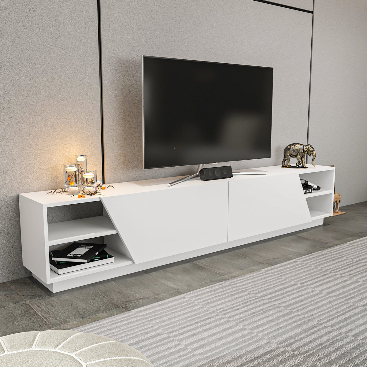 TV Furniture - TV Furniture Rhodes White Melamine 240x47.4x37.1 cm - Dimehouse