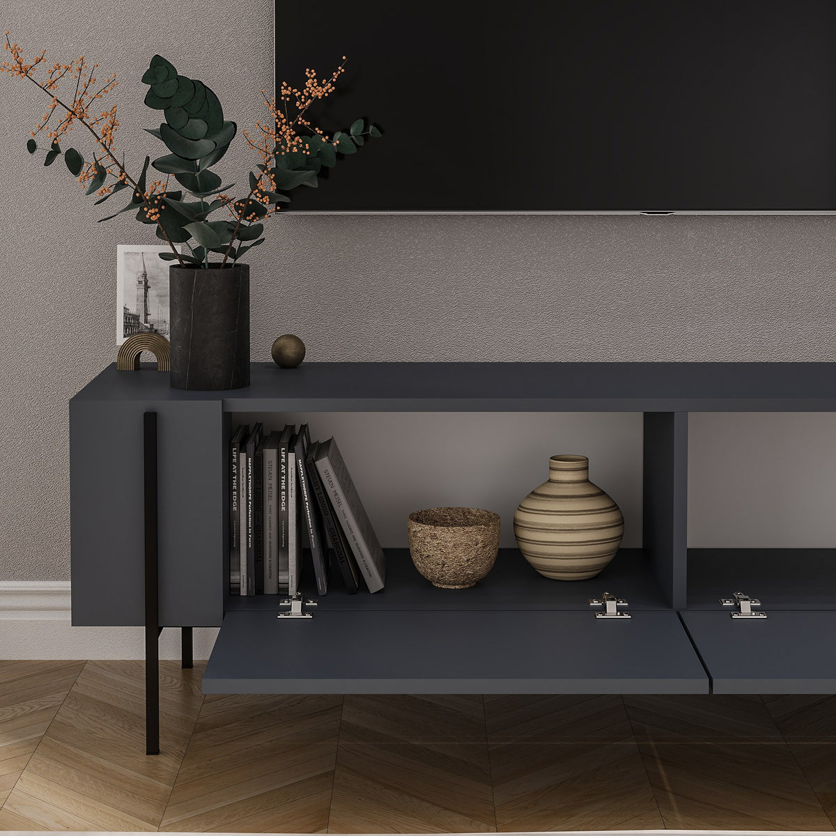 Herman TV cabinet anthracite 160 cm Melamine-faced wood composite
