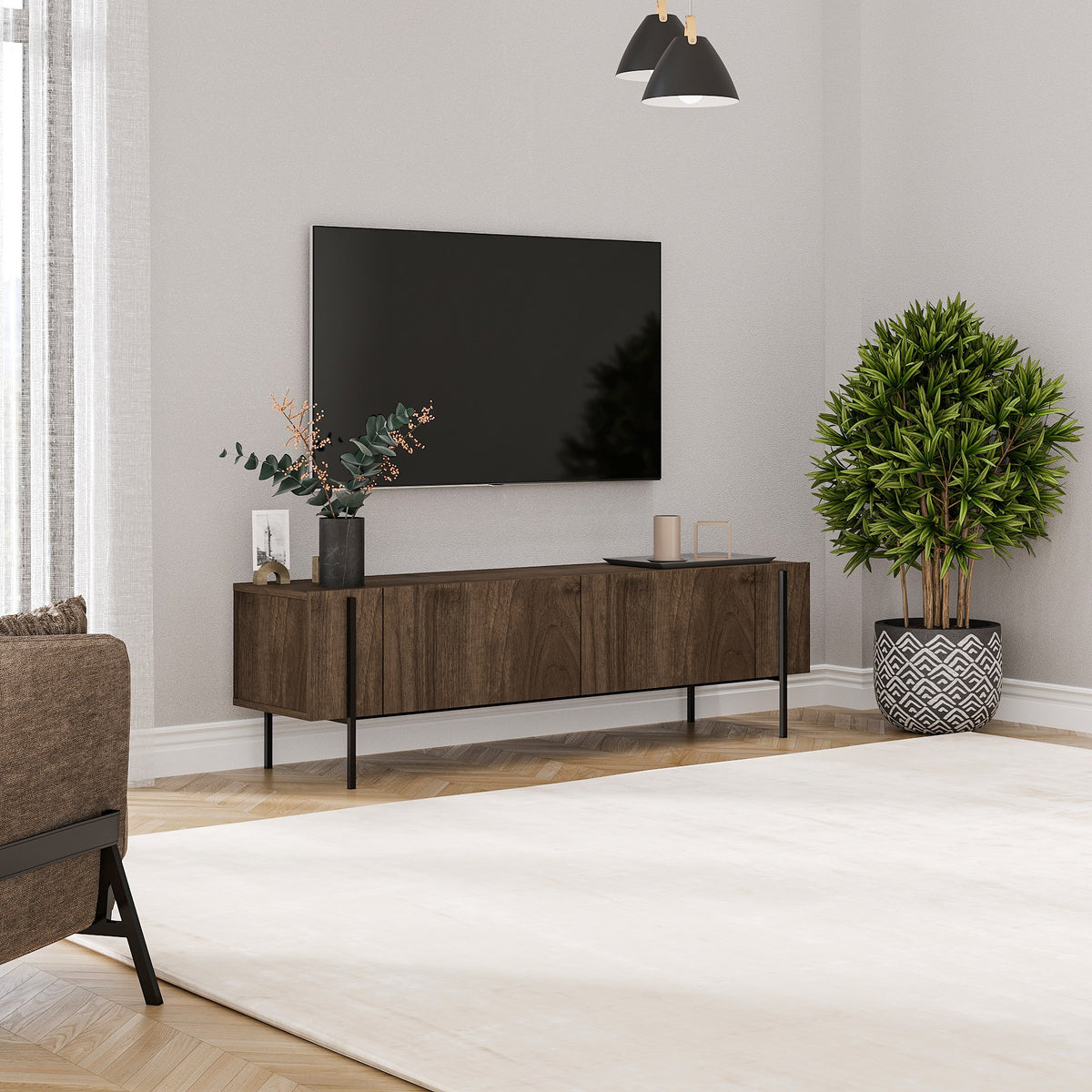 Herman TV cabinet in walnut look 160 cm Melamine-coated wood