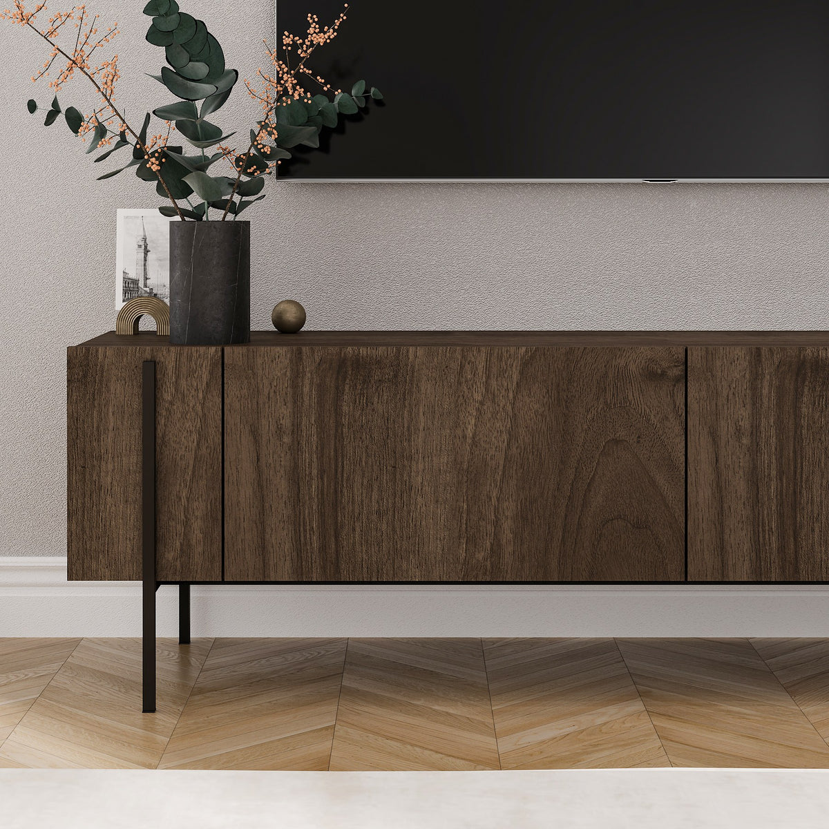 Herman TV cabinet in walnut look 160 cm Melamine-coated wood