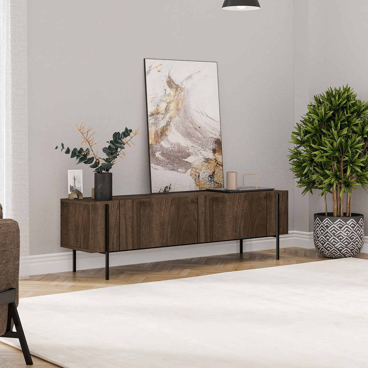 Herman TV cabinet in walnut look 160 cm Melamine-coated wood