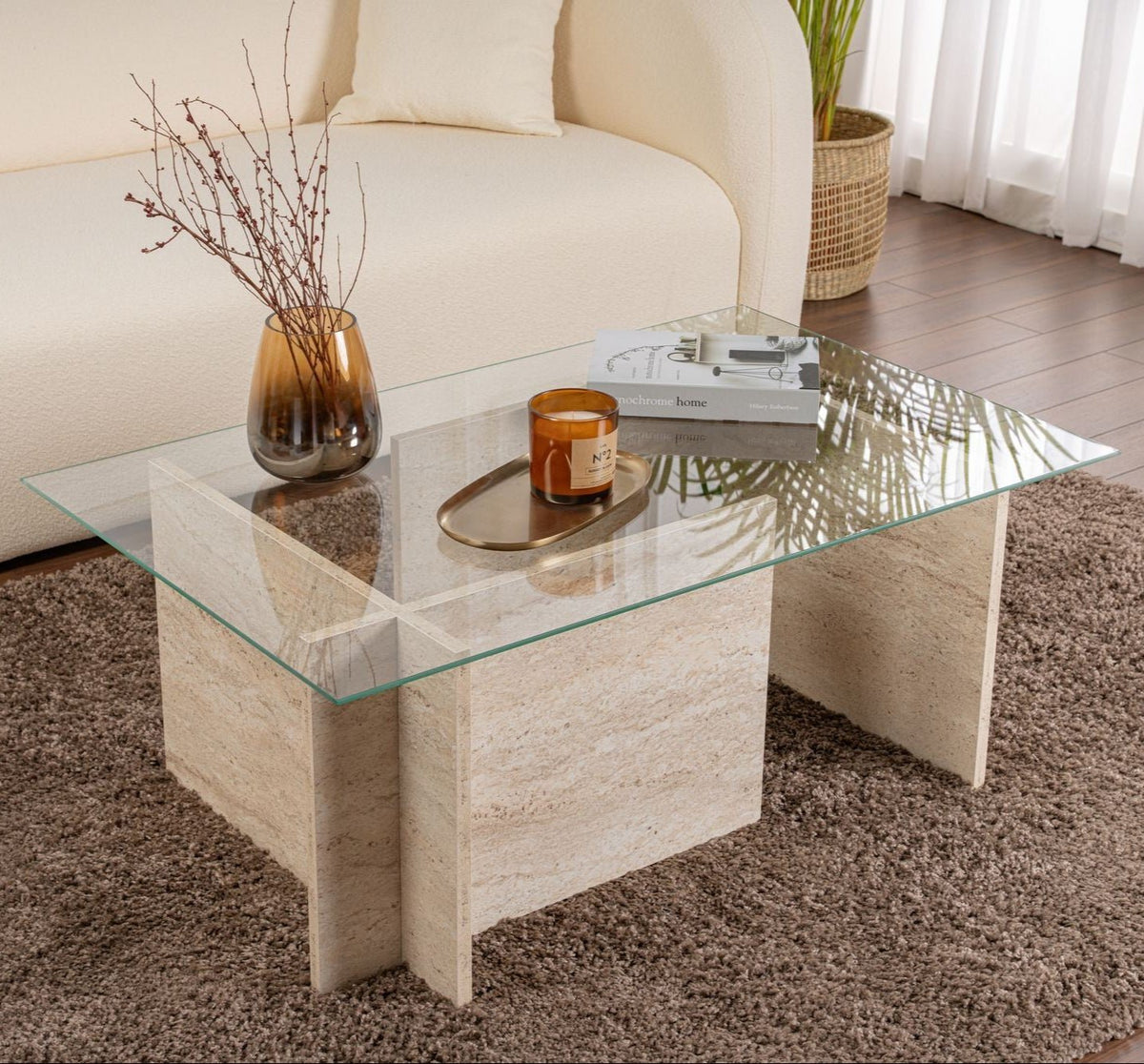Coffee Tables - Rectangular Modern Coffee Table Vetroni Travertine Look - Glass - 105x65 cm - Dimehouse