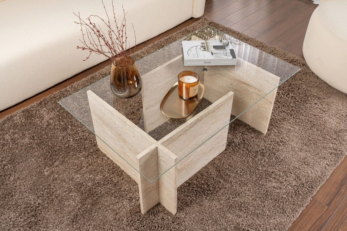 Coffee Tables - Rectangular Modern Coffee Table Vetroni Travertine Look - Glass - 105x65 cm - Dimehouse