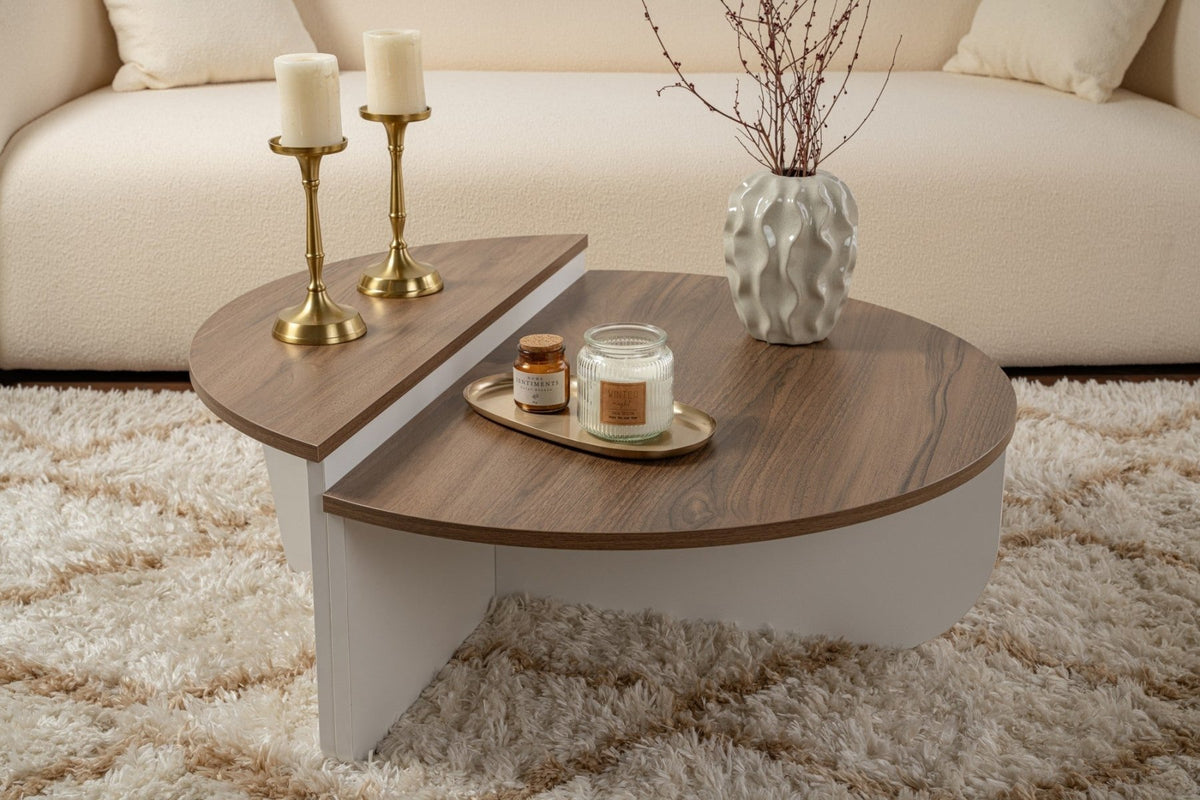 Coffee tables - Round coffee table Orion walnut and white melamine 90x60 cm - Dimehouse