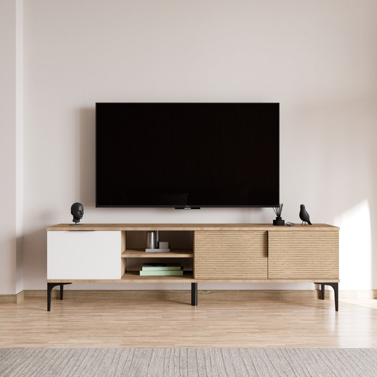 Tarz sideboard in white oak look 180 cm White, oak look Melamine coated wood composite