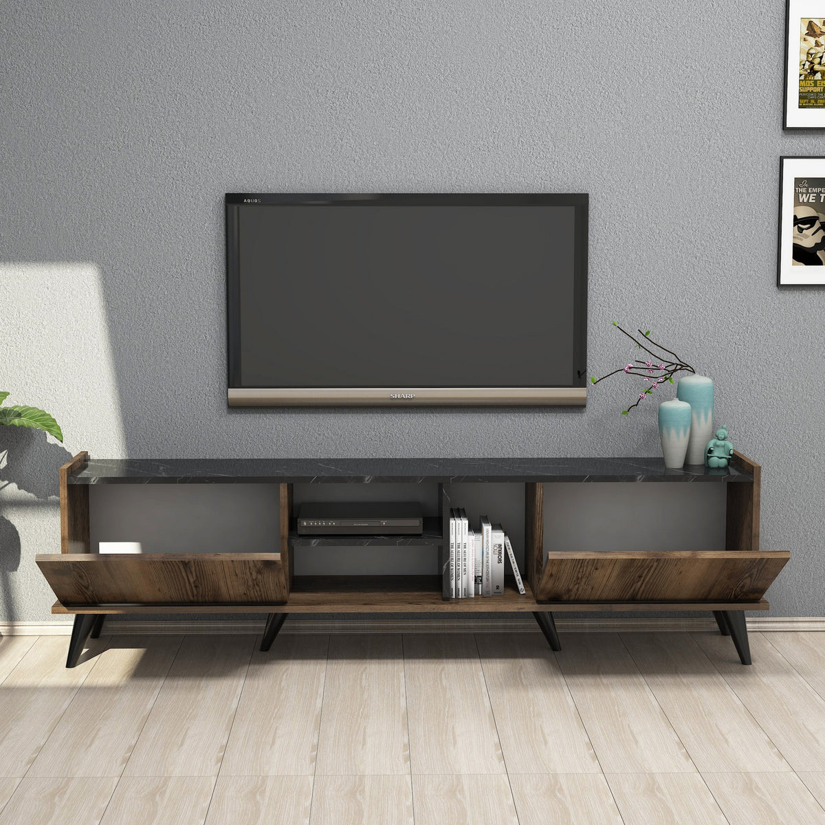 TV Furniture - TV Furniture Elegant Walnut Black Melamine 180x52x34 cm - Dimehouse