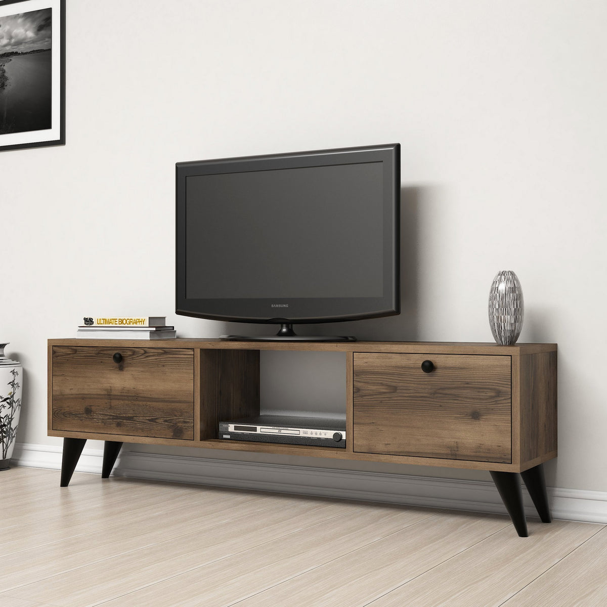TV Furniture - TV Furniture Serenat Walnut Black Melamine 138x42.6x29.5 cm - Dimehouse