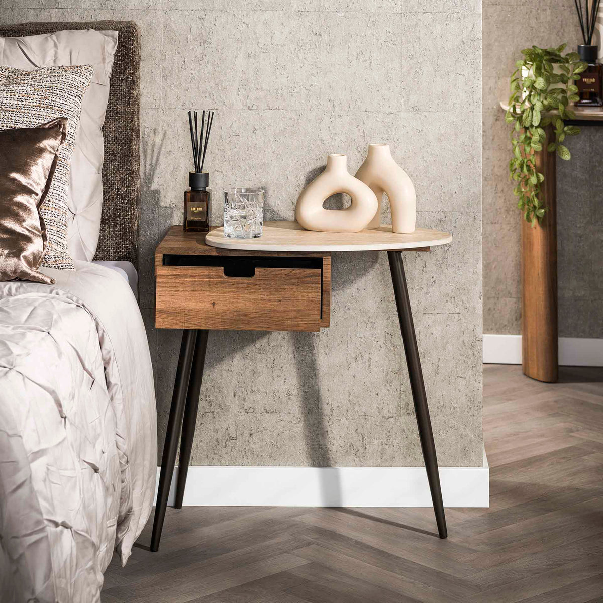 Bedside tables - Bedside table Borea Right 1 drawer Ceramic Travertine - Dimehouse