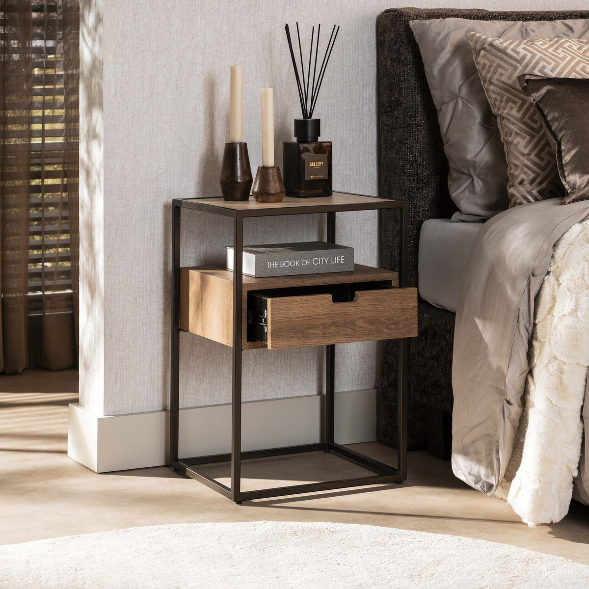 Bedside tables - Bedside table 1 drawer Ceramic travertine Cassi 40x35x60 cm - Dimehouse