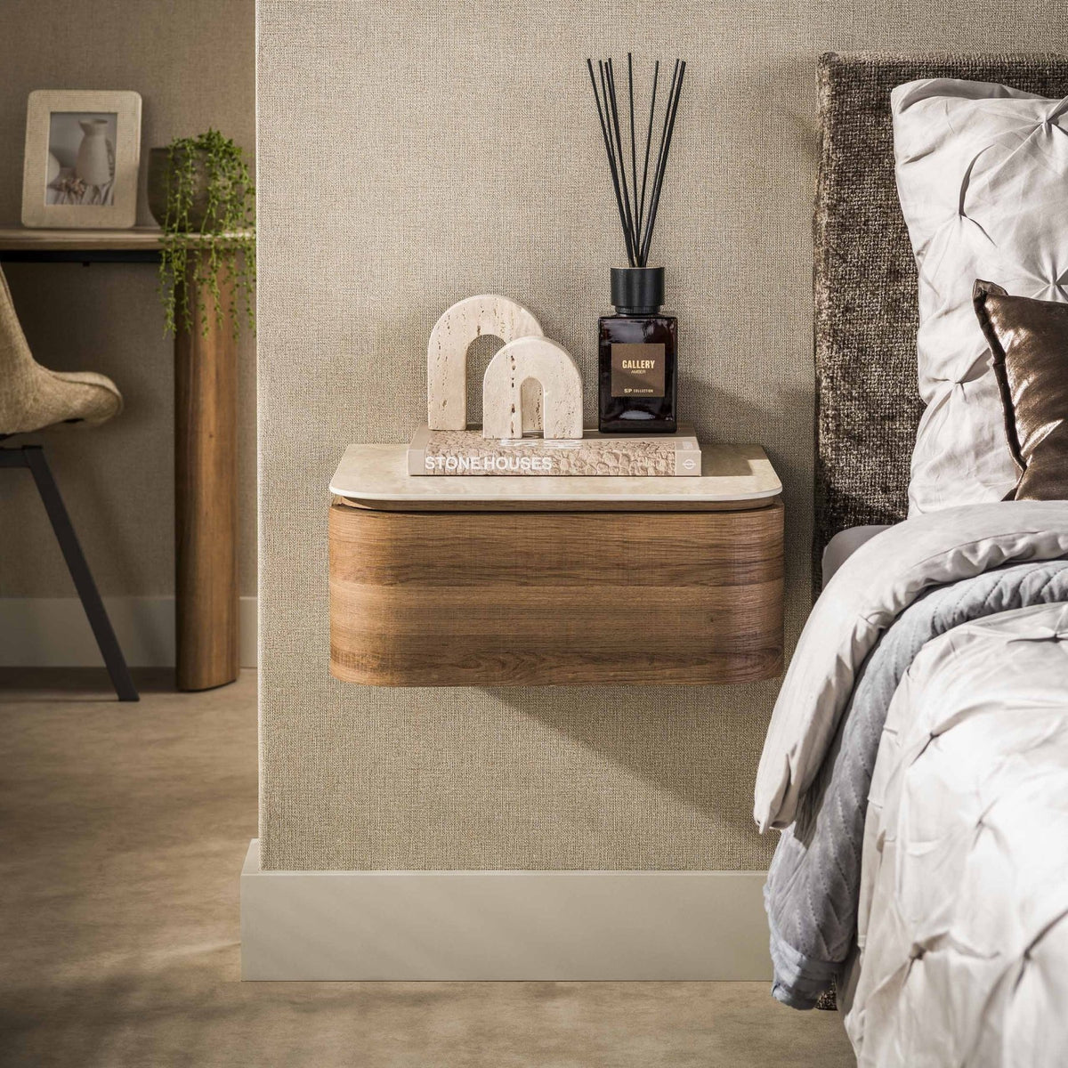 Bedside table - Floating bedside table with 1 drawer ceramic travertine oak Cady - Dimehouse