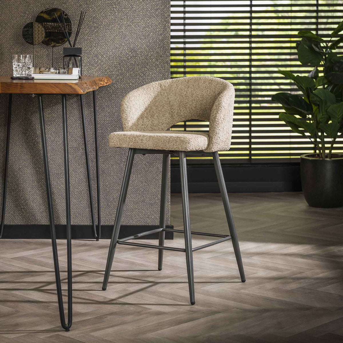 Bar Stools - Modern Bar Stool Sand Alba Bouclé Fabric - Dimehouse