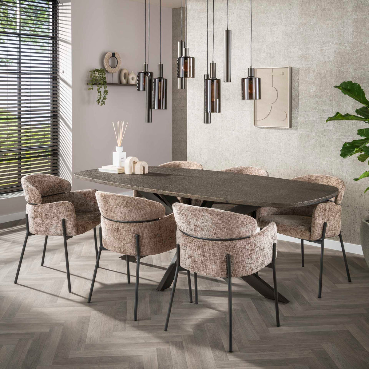 Dining room chairs - Dining room chair Chenille Taupe with round back and arm - Lola - Dimehouse