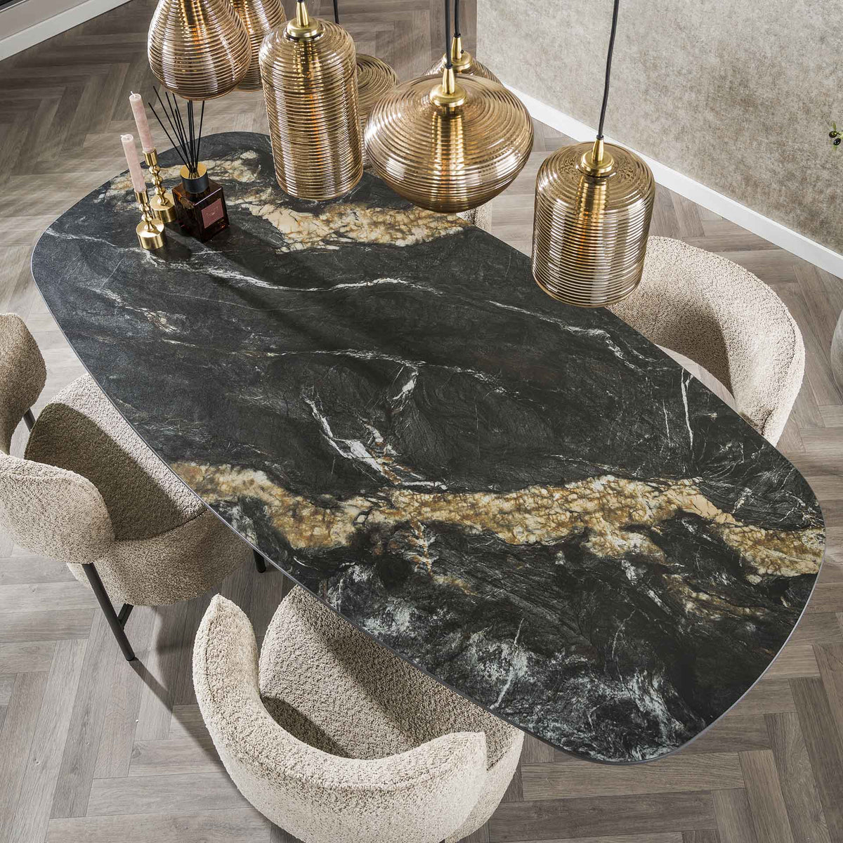 Dining tables - Dining table Dolore 180x90 cm Danish Oval Marble Look Black - Dimehouse