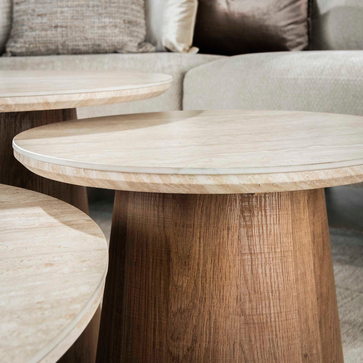 Coffee tables - Set of 3 round coffee tables Jimi travertine top with walnut base - Dimehouse