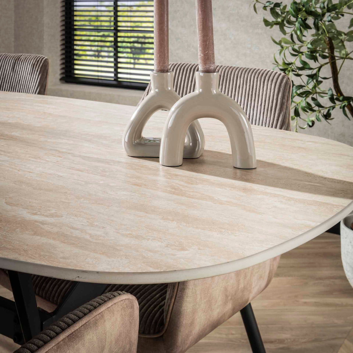 Dining tables - Dining table Jimi Danish Oval Ceramic Travertine look 180 cm - Dimehouse