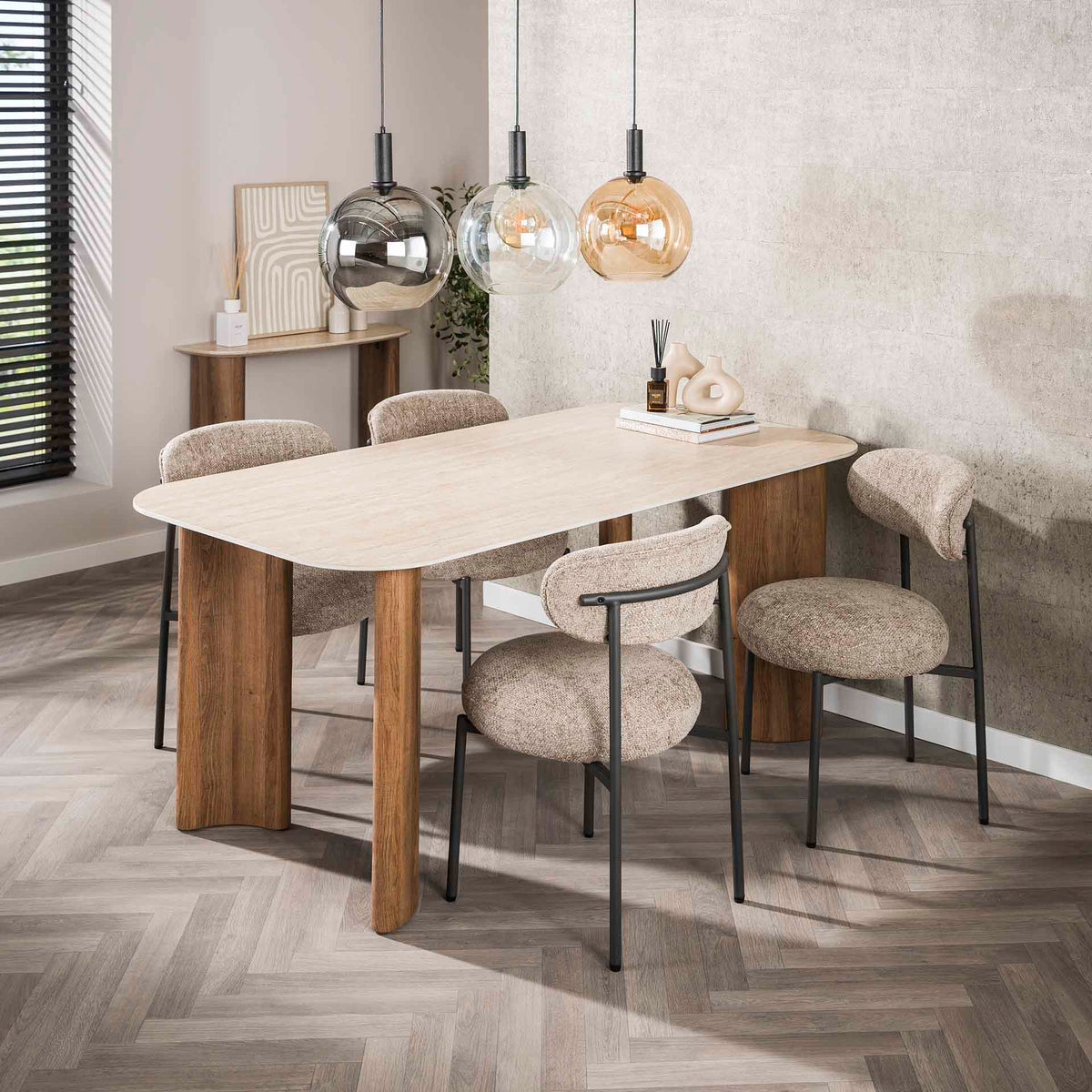 Dining tables - Dining table Jimi Curvo Ceramic Travertine 180 cm - Dimehouse