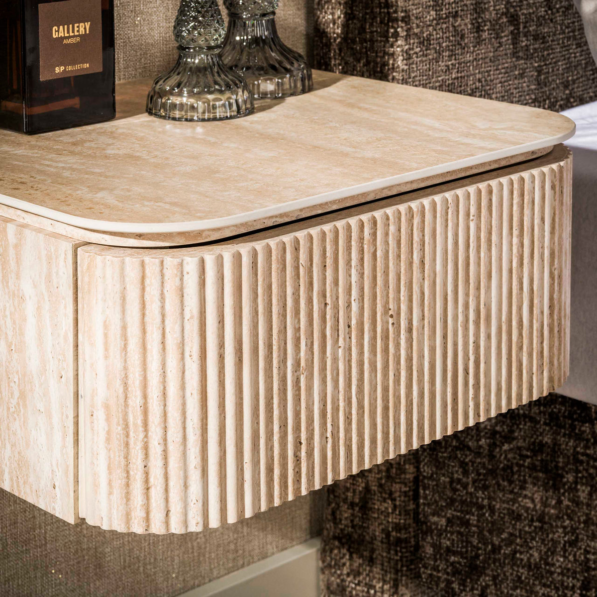 Bedside table - Floating bedside table with 1 drawer Jimi beige ceramic travertine - Dimehouse