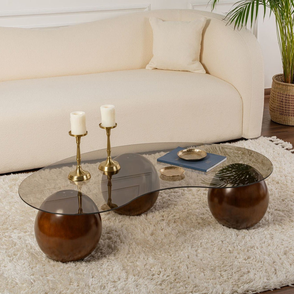 Coffee tables - Organic coffee table bronze tinted glass walnut ball legs Sphere 120x70 cm - Dimehouse