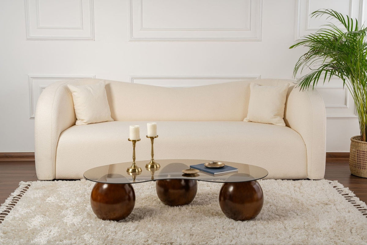 Coffee tables - Organic coffee table bronze tinted glass walnut ball legs Sphere 120x70 cm - Dimehouse