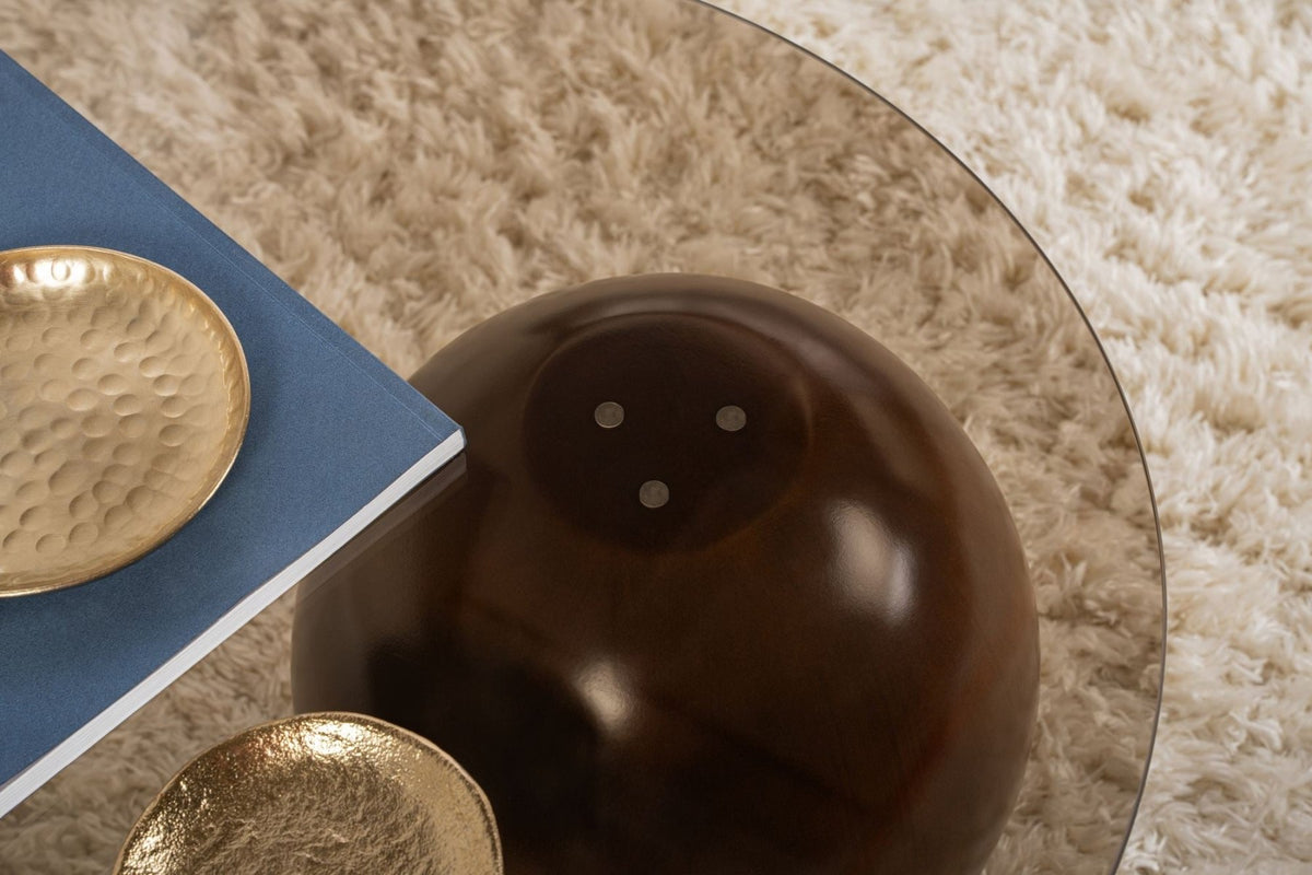 Coffee tables - Organic coffee table bronze tinted glass walnut ball legs Sphere 120x70 cm - Dimehouse